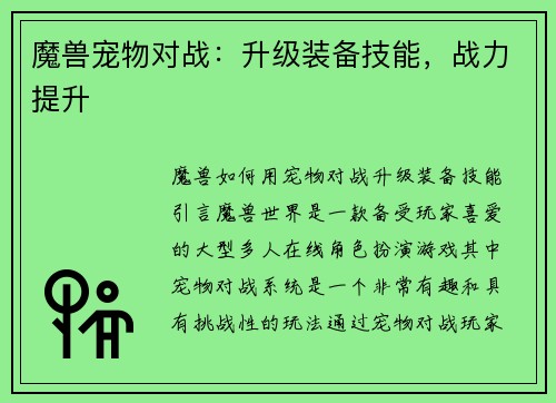 魔兽宠物对战：升级装备技能，战力提升